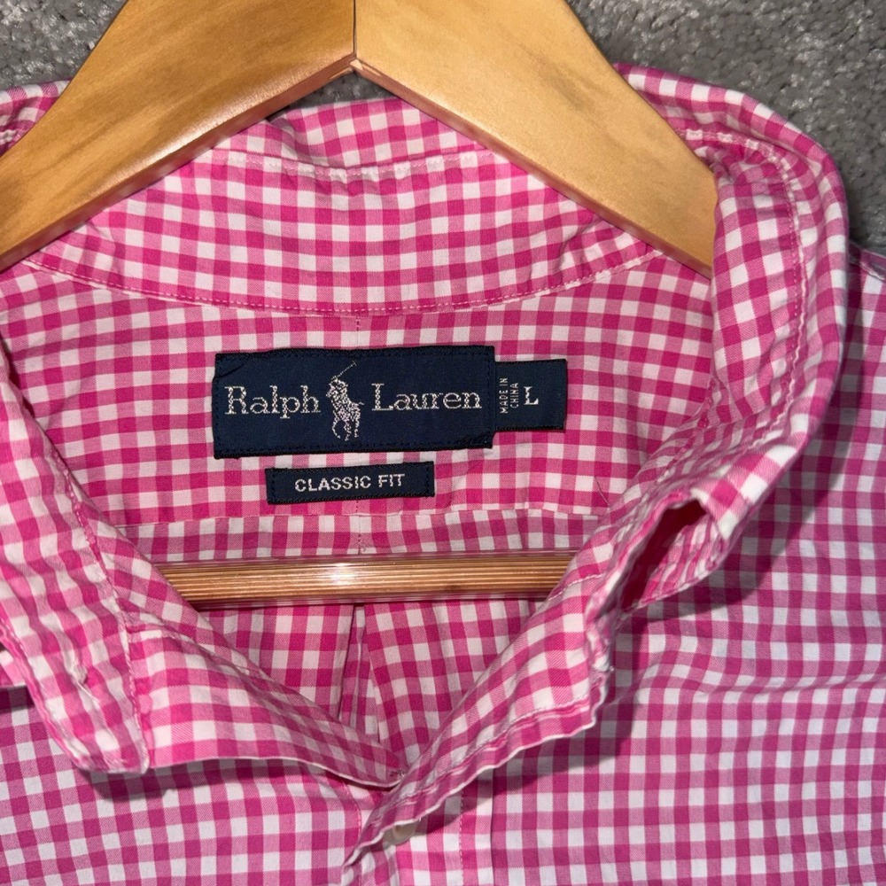 Ralph Lauren Men's L Classic Fit Pink Gingham Button Down Shirt Long Sleeve - Picture 8 of 11